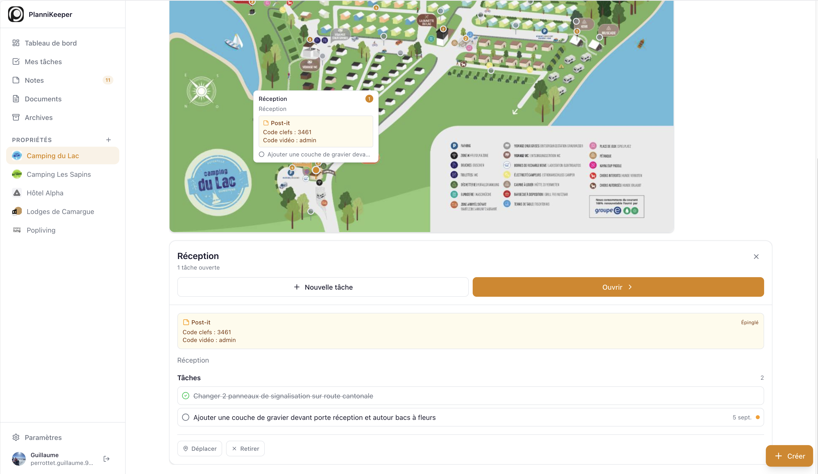 Interface PlanniKeeper avec plan interactif, notes et tâches
